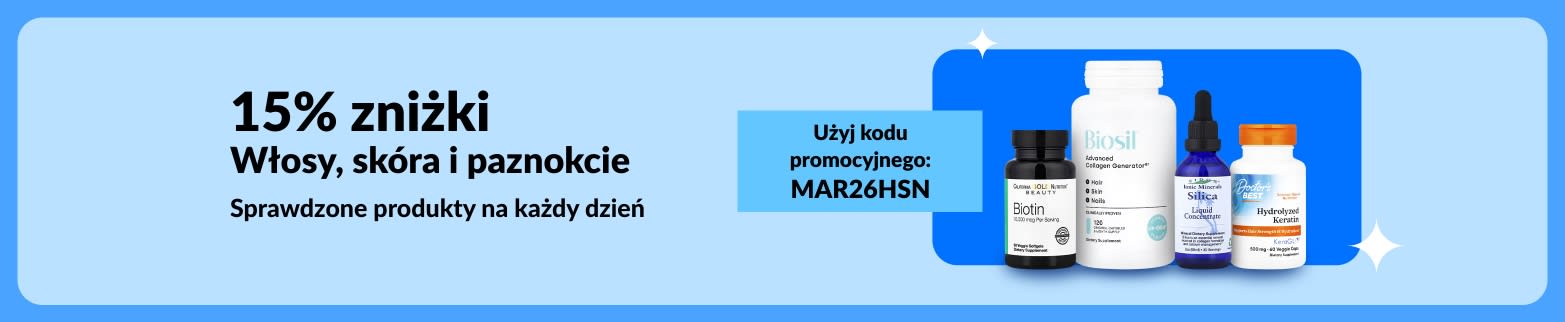 Skorzystaj z 15% zniżki na suplementy na włosy, skórę i paznokcie z kodem MAR26HSN, obejmujące produkty z biotyną, kolagenem, krzemionką i keratyną.