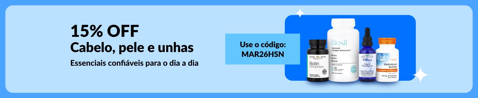 15% OFF em suplementos para pele, cabelo e unhas com o código MAR26HSN, incluindo produtos com biotina, colágeno, sílica e queratina.