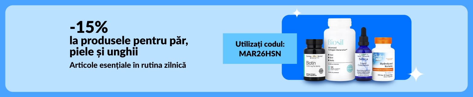 15% reducere la suplimentele pentru piele, păr și unghii cu codul MAR26HSN, cu biotină, colagen, silice și keratină.