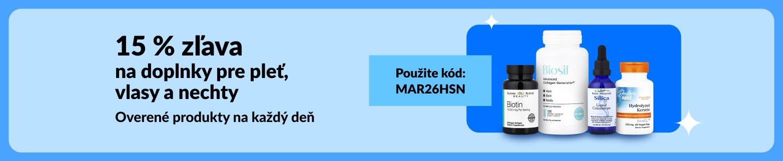 15 % zľava na doplnky pre pleť, vlasy a nechty s kódom MAR26HSN s biotínom, kolagénom, kremíkom a keratínom.