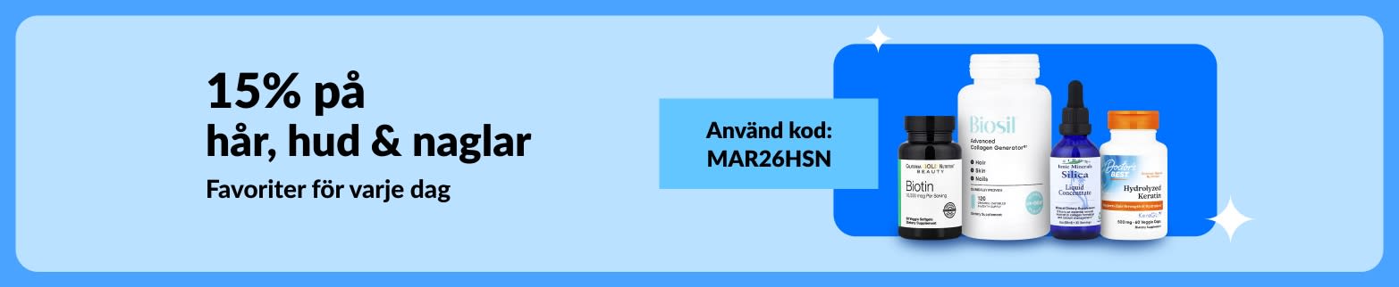 15 % rabatt på kosttillskott för hud, hår och naglar med koden MAR26HSN, inklusive produkter med biotin, kollagen, kisel och keratin.
