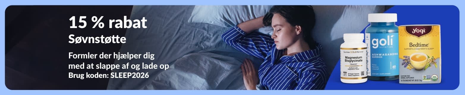 Banner, der promoverer 15 % rabat på søvnunderstøttende kosttilskud, viser en kvinde, der sover i sengen med magnesium, ashwagandha-vingummier og godnat-te