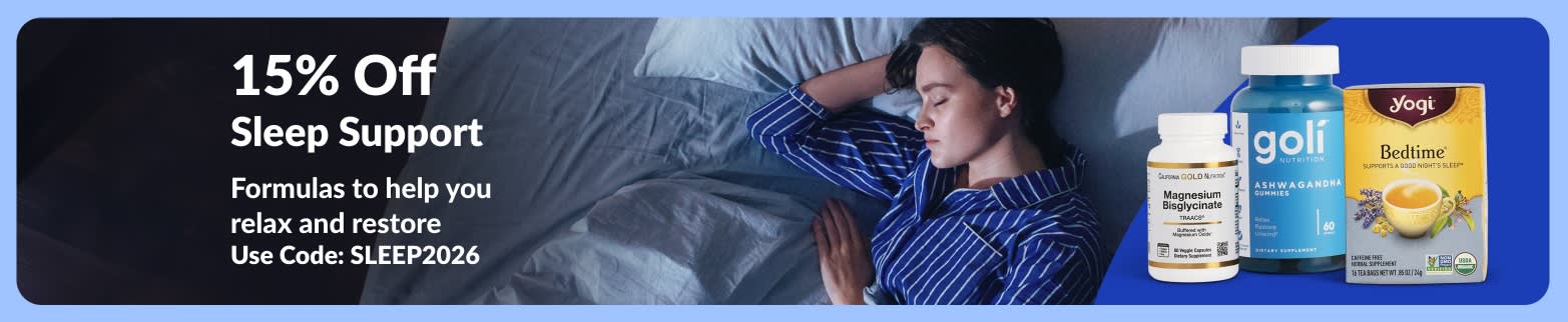 Banner promoting 15% off sleep support supplements, showing woman sleeping in bed with magnesium, ashwagandha gummies, and bedtime tea.