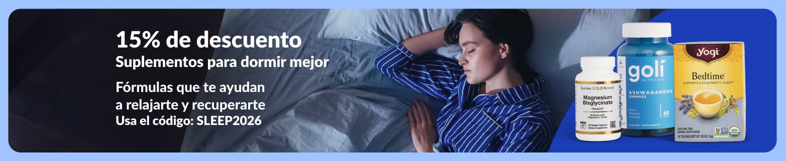 Banner promocional con 15% de descuento en suplementos para un sueño reparador, que muestra a una mujer durmiendo en la cama junto a magnesio, gomitas de ashwagandha y té antes de dormir.