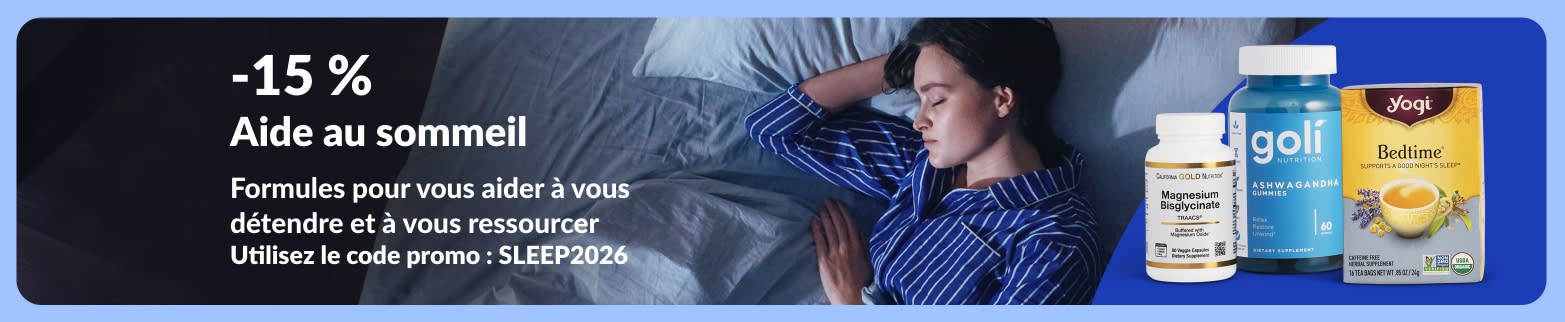 Bannière promouvant une réduction de 15 % sur les compléments alimentaires favorisant le sommeil, montrant une femme endormie dans son lit avec du magnésium, des bonbons gélifiés à l'ashwagandha et une tisane pour le coucher.
