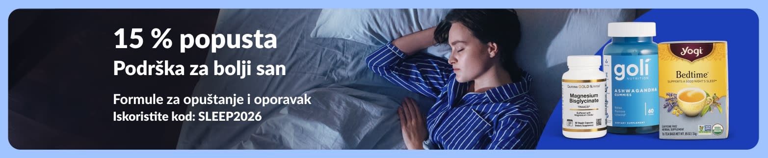 Reklamni natpis koji promovira 15 % popusta na dodatke prehrani za bolji san, s prikazom žene koja spava u krevetu, uz magnezij, gumene bombone s ašvagandom i čaj za opuštanje prije spavanja.