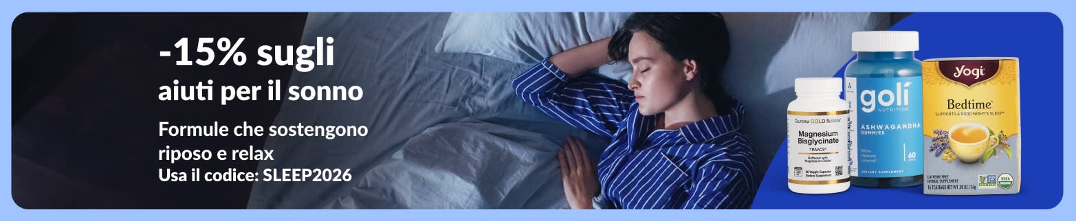 Banner che promuove gli integratori per il sonno con uno sconto del 15%. L'immagine mostra una donna che dorme a letto e un integratore di magnesio, delle caramelle con ashwaganda e una tisana della buonanotte.