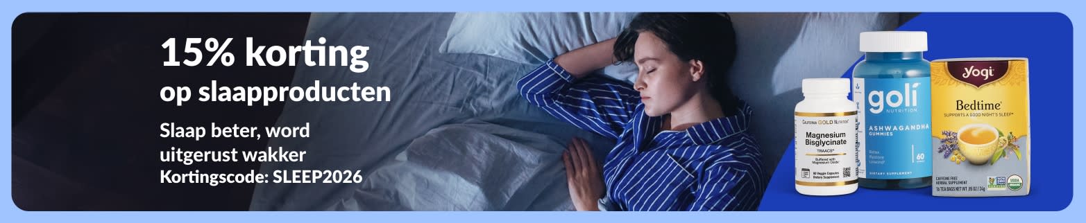 Banner met 15% korting op slaapproducten en supplementen, met een vrouw die in bed slaapt en magnesium, ashwagandha gummies, en slaapthee.