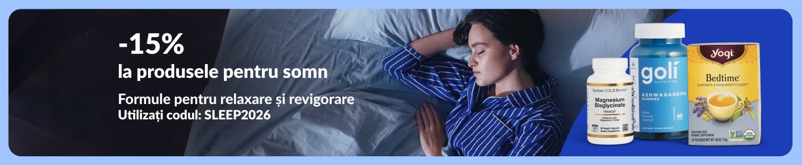 Banner cu -15% la produse pentru somn, cu femeie dormind în pat și magneziu, jeleuri cu ashwagandha și ceai pentru somn.