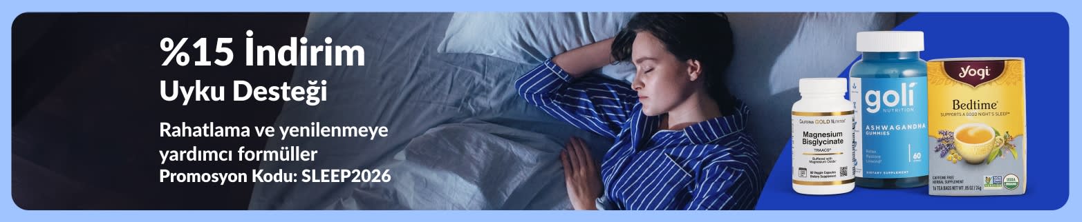 Uyku desteği takviyelerinde %15 indirim; magnezyum, ashwagandha şekerleri ve gece çayıyla yatak görseli