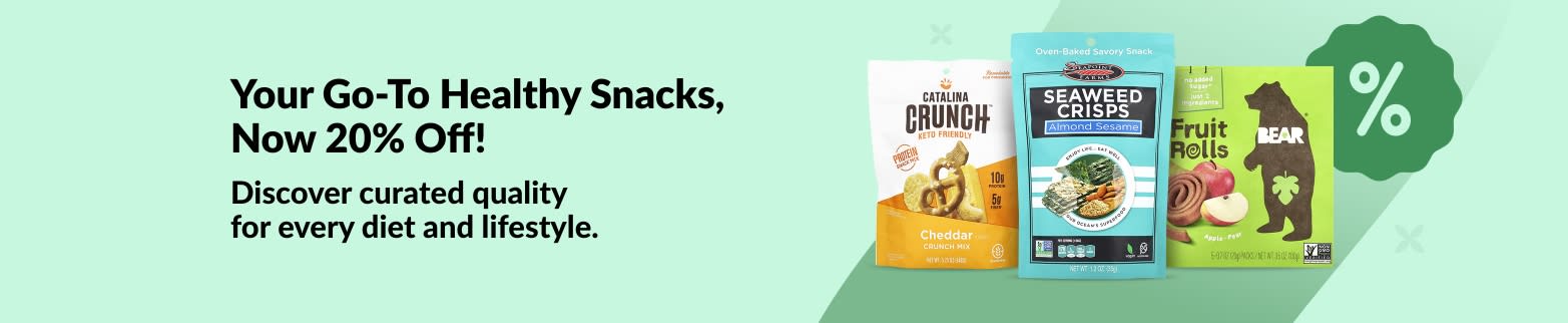 20% off healthy snacks including Catalina Crunch, Seaweed Crisps, and Bear Fruit Rolls; curated for all diets.