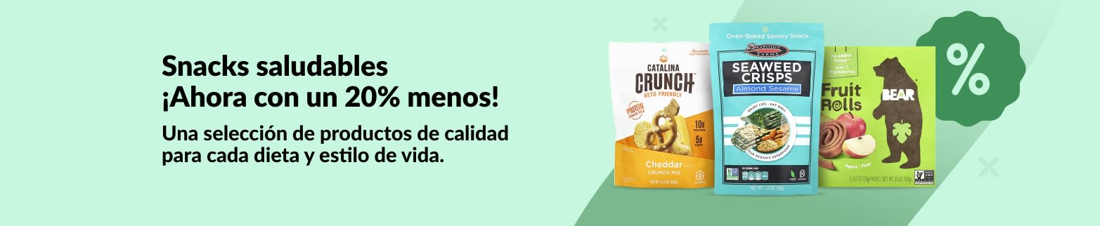 20% menos en snacks saludables de marcas como Catalina Crunch, Seaweed Crisps y Bear Fruit Rolls; para todas las dietas.