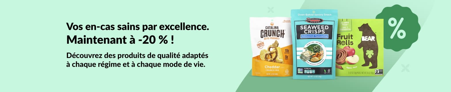 20 % de réduction sur des en-cas sains tels que Catalina Crunch, Seaweed Crisps et Bear Fruit Rolls, adaptés à tous les régimes alimentaires.