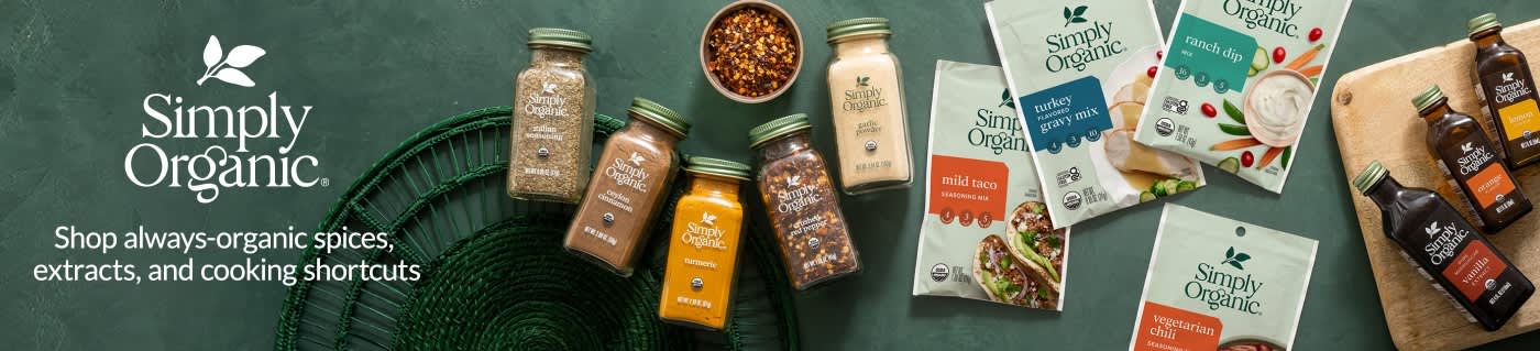 Simply Organic banner featuring spices, seasonings, and cooking mixes with slogan “Shop always-organic spices and extracts.