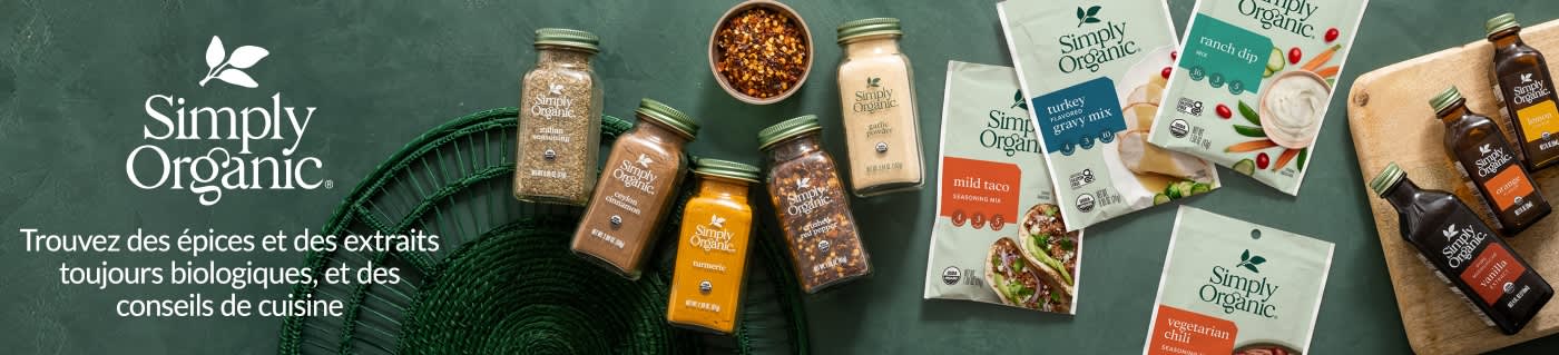 Simply Organic banner featuring spices, seasonings, and cooking mixes with slogan “Shop always-organic spices and extracts.