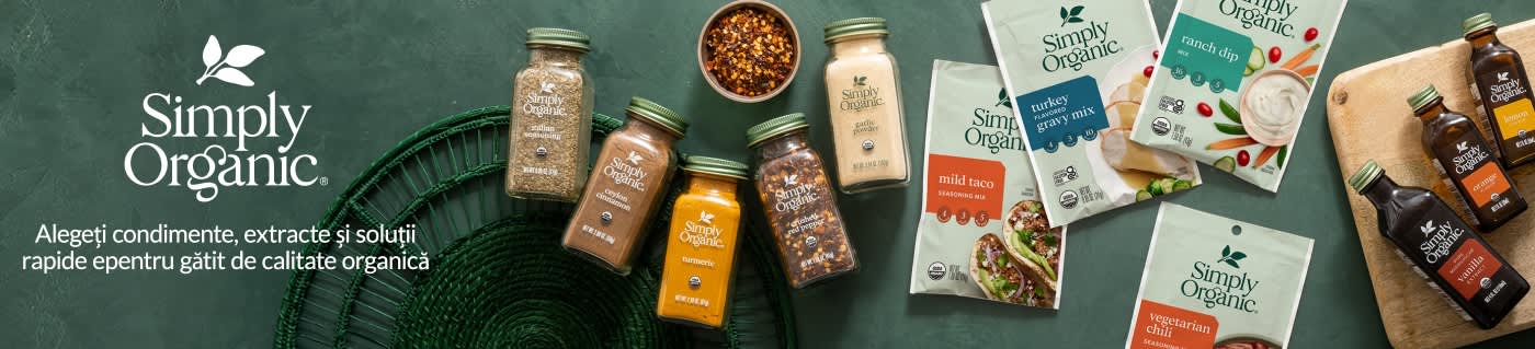Simply Organic banner featuring spices, seasonings, and cooking mixes with slogan “Shop always-organic spices and extracts.