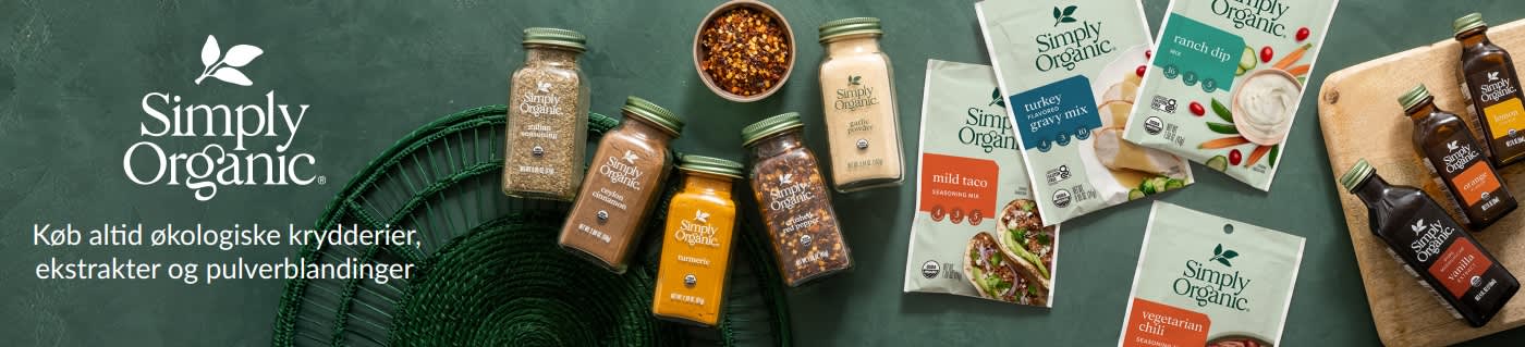Simply Organic-banner med krydderier og pulverblandinger med sloganet 