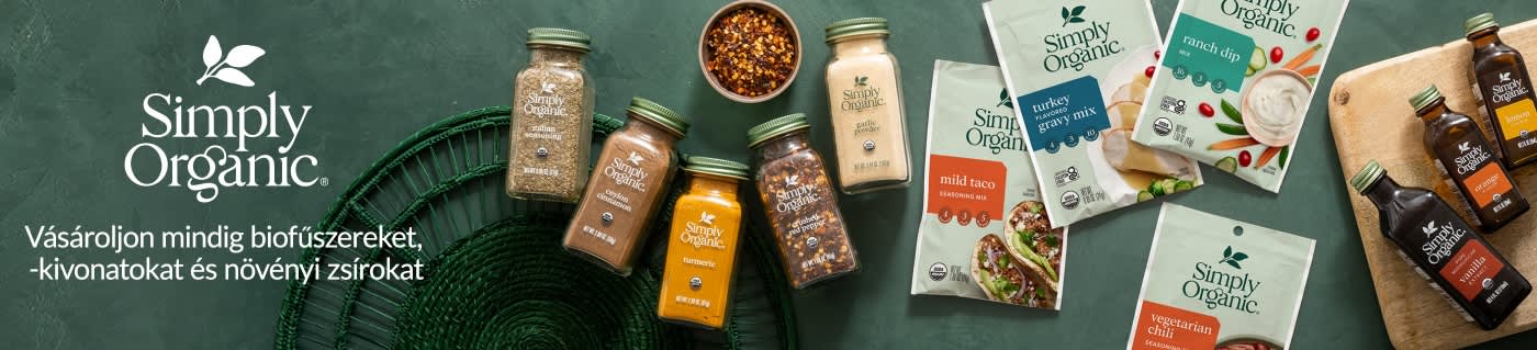 Simply Organic banner featuring spices, seasonings, and cooking mixes with slogan “Shop always-organic spices and extracts.