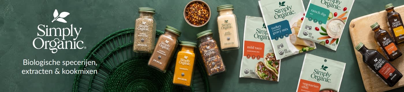 Banner van Simply Organic met kruiden, specerijen en kookmixen met de slogan 