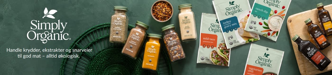 Simply Organic-banner med krydder, smakstilsetninger og matlagingsmikser med slagordet «Handle alltid økologiske krydder og ekstrakter».