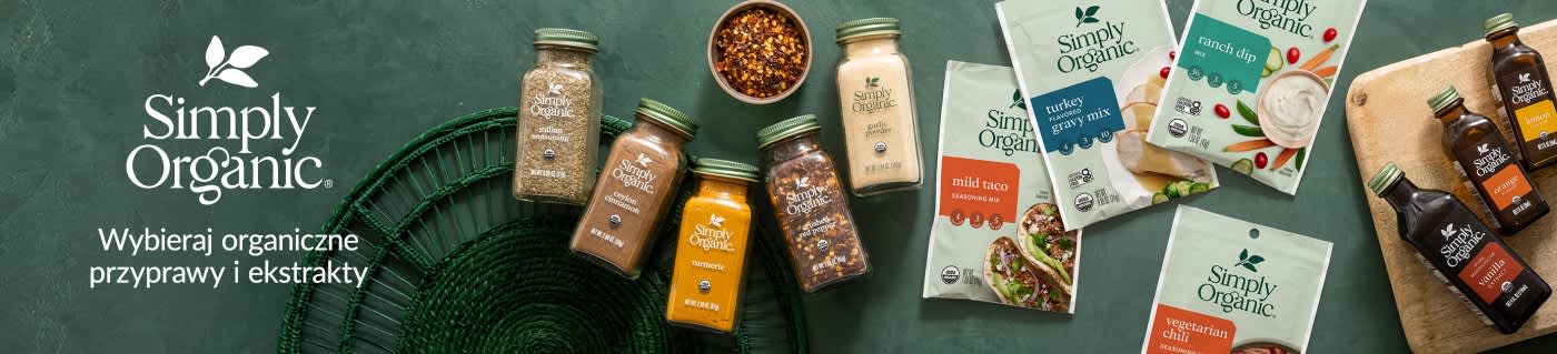 Simply Organic banner featuring spices, seasonings, and cooking mixes with slogan “Shop always-organic spices and extracts.