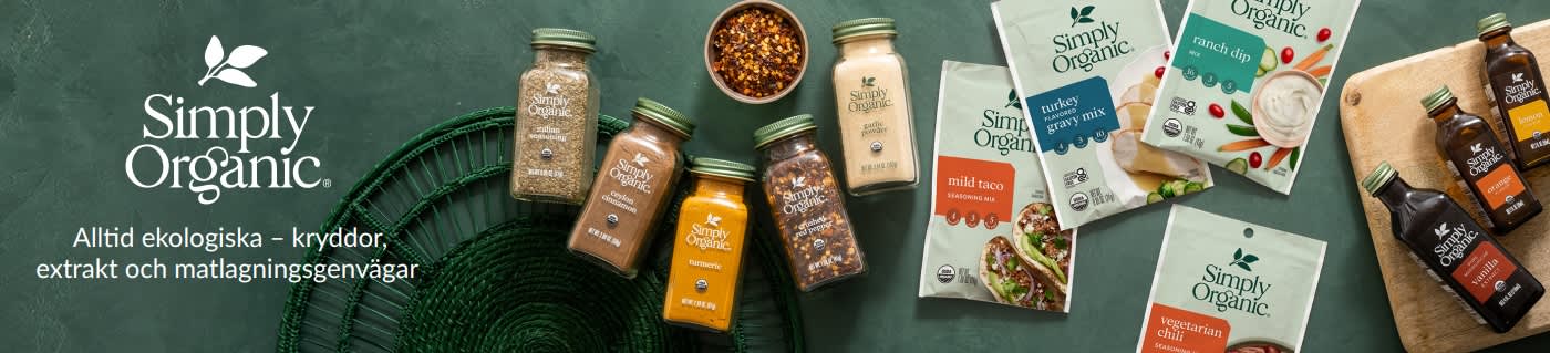 Simply Organic-banner med kryddor och smaksättningar med sloganen 