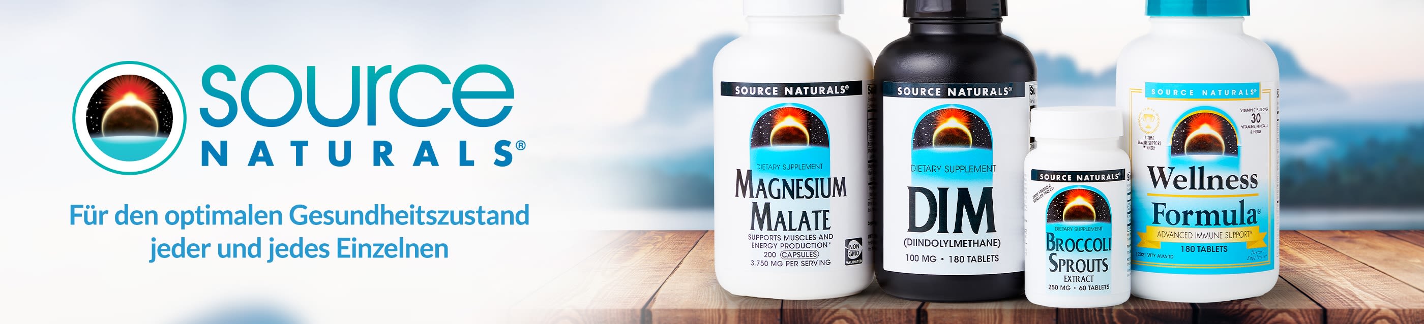Source Naturals banner featuring Magnesium Malate, DIM, Broccoli Sprouts, and Wellness Formula supplements for optimal health.