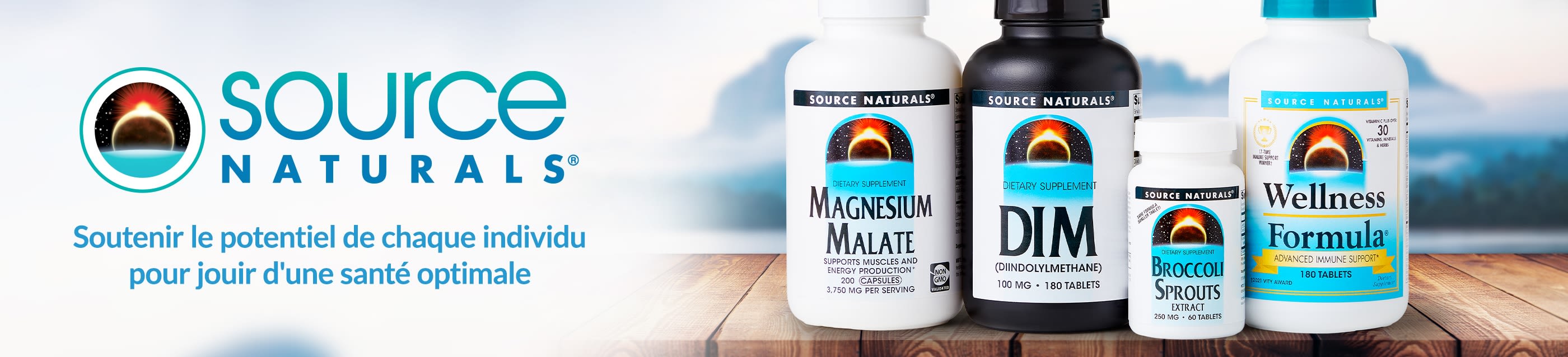 Source Naturals banner featuring Magnesium Malate, DIM, Broccoli Sprouts, and Wellness Formula supplements for optimal health.