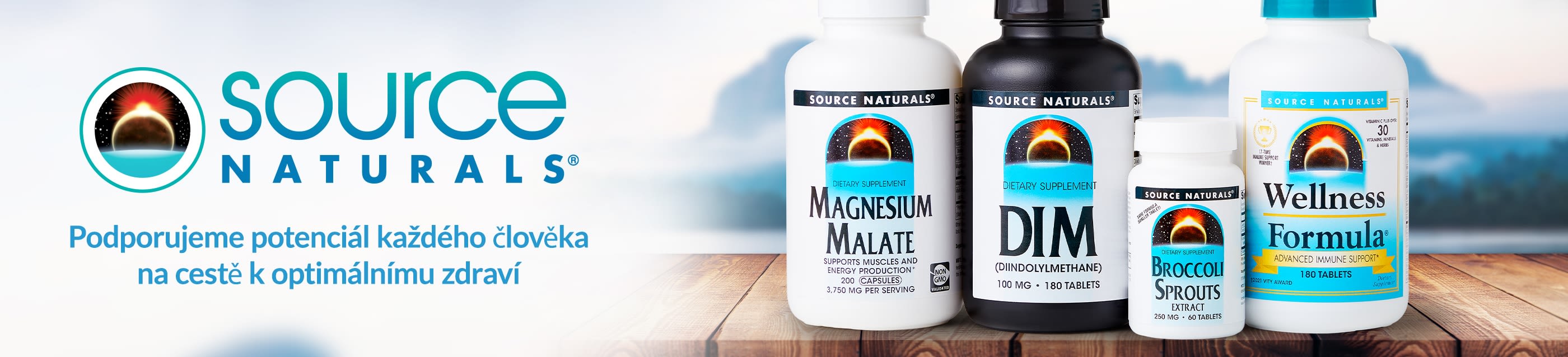 Source Naturals banner featuring Magnesium Malate, DIM, Broccoli Sprouts, and Wellness Formula supplements for optimal health.