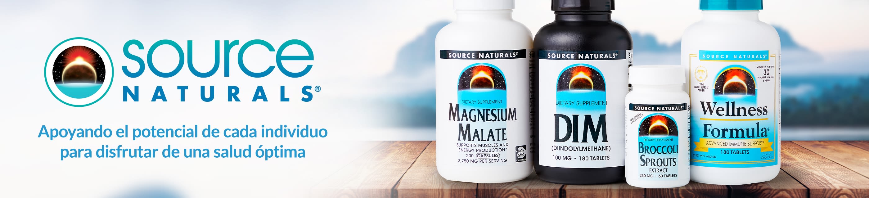 Source Naturals banner featuring Magnesium Malate, DIM, Broccoli Sprouts, and Wellness Formula supplements for optimal health.