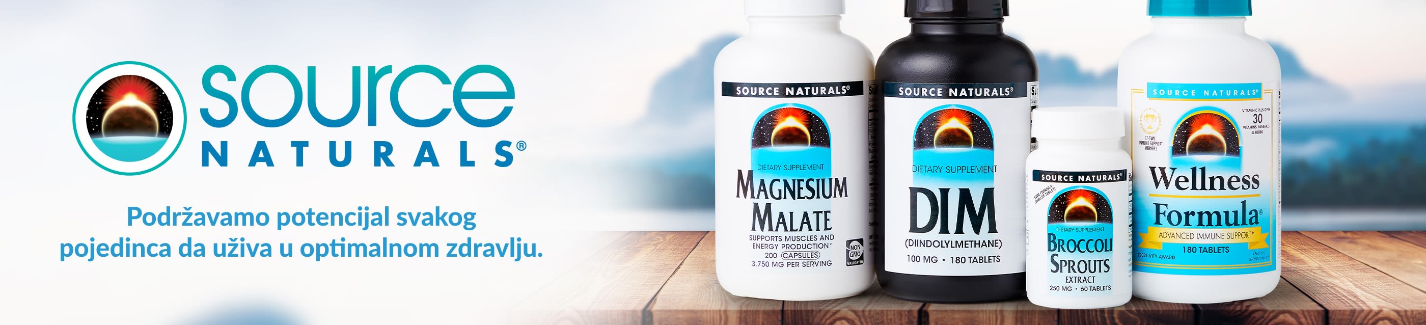Natpis brenda Source Naturals s magnezijevim malatom, DIM-om, klicama brokule i dodacima prehrani Wellness Formula za optimalno zdravlje.