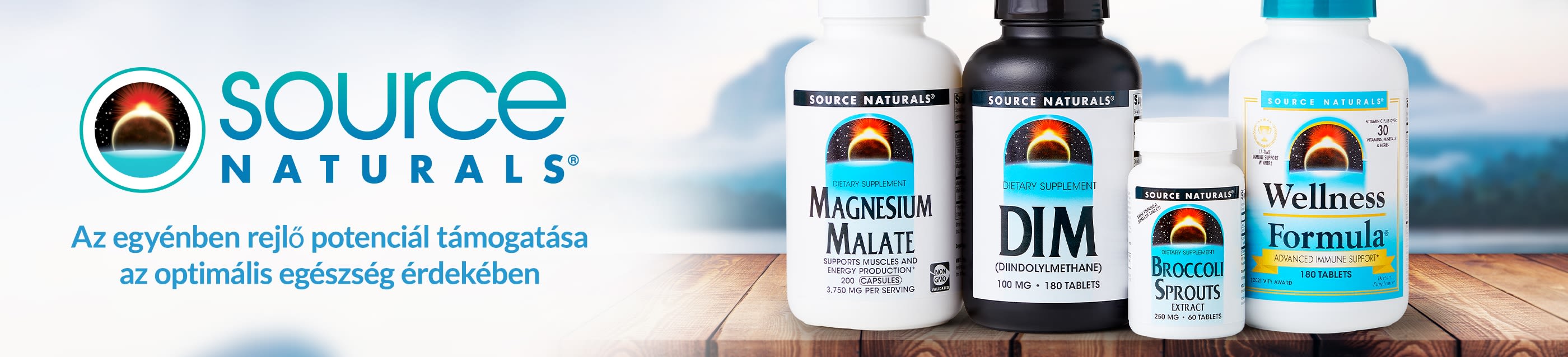 Source Naturals banner featuring Magnesium Malate, DIM, Broccoli Sprouts, and Wellness Formula supplements for optimal health.