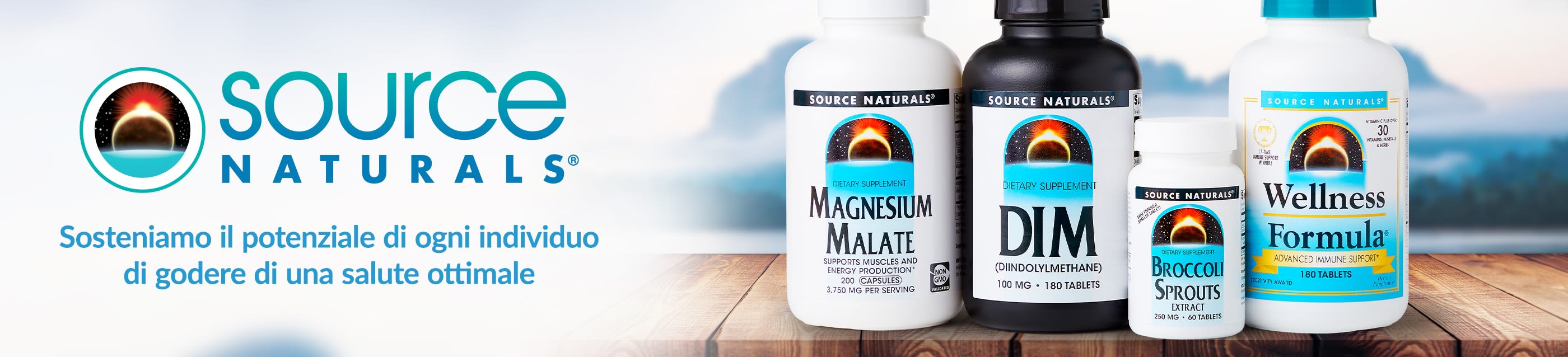 Source Naturals banner featuring Magnesium Malate, DIM, Broccoli Sprouts, and Wellness Formula supplements for optimal health.