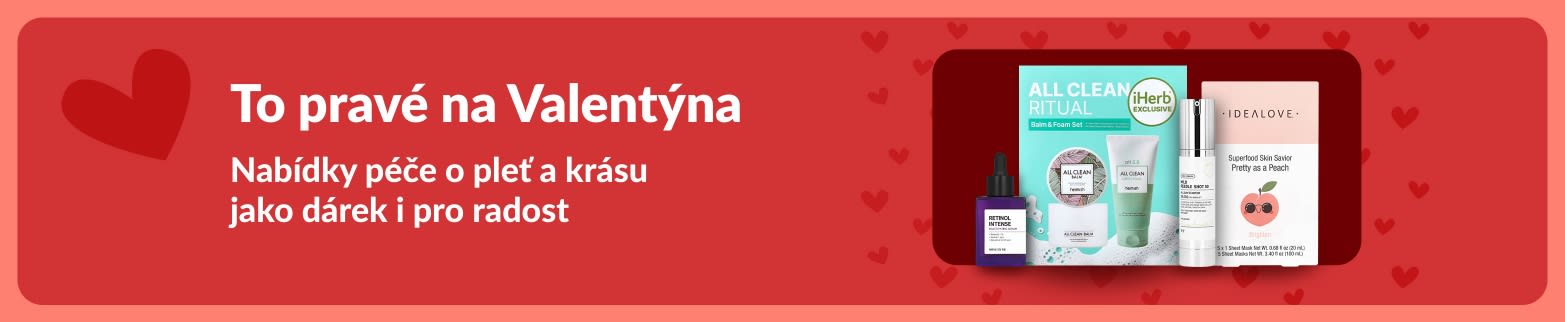 Valentýnské dárkové sady pro péči o pleť se séry a maskami od iHerb. Ideální pro potěšení sebe sama nebo milované osoby.