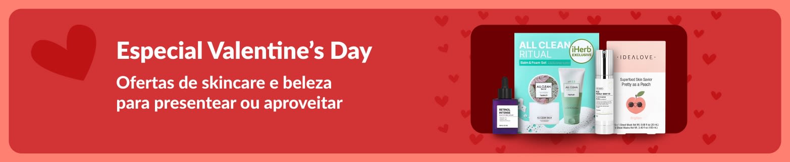Kits de cuidados com a pele para o Valentine’s Day, com séruns e máscaras da iHerb, perfeitos para se cuidar ou presentear alguém especial.
