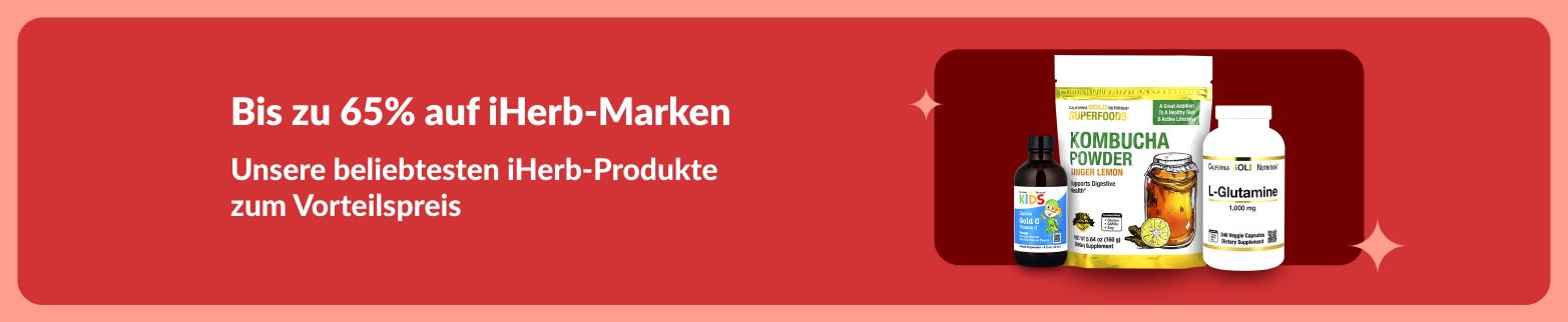 iHerb-Banner Sonderangebote mit bis zu 65% Rabatt auf hochwertige Produkte, wie Kombucha-Pulver, L-Glutamin und Vitaminpräparate