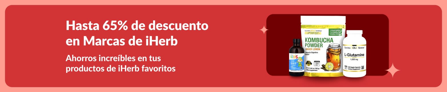 Banner de especiales de iHerb que ofrece hasta un 65% de descuento en productos prémium de bienestar, incluyendo kombucha en polvo, L-glutamina y suplementos vitamínicos.