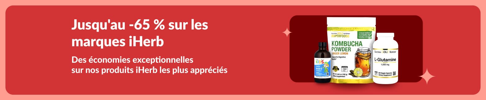 Bannière des offres spéciales iHerb Jusqu'à 65 % de réduction sur des produits de bien-être haut de gamme, notamment de la poudre de kombucha, de la L-glutamine et des compléments vitaminiques.