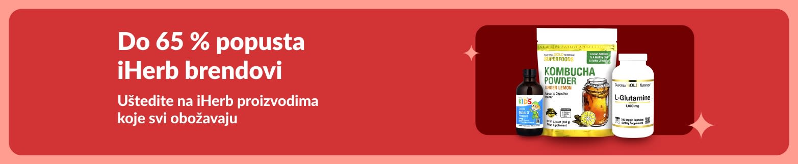 iHerb reklamni natpis za posebne ponude koji nudi do 65 % popusta na premium wellness proizvode, s prikazom praha od kombuche, L-glutamina i vitaminskih dodataka.