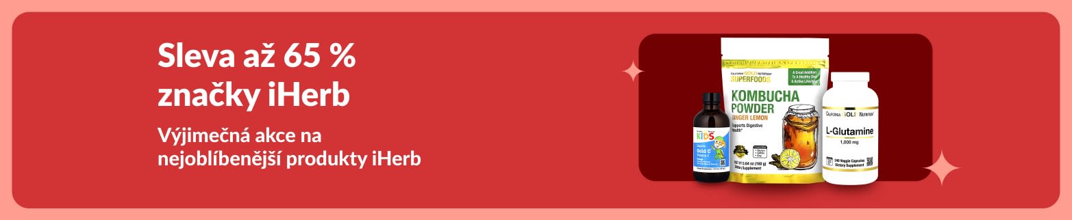 Banner iHerb nabízející až 65% slevu na prémiové produkty, včetně kombuchového prášku, L-glutaminu a vitaminových doplňků.