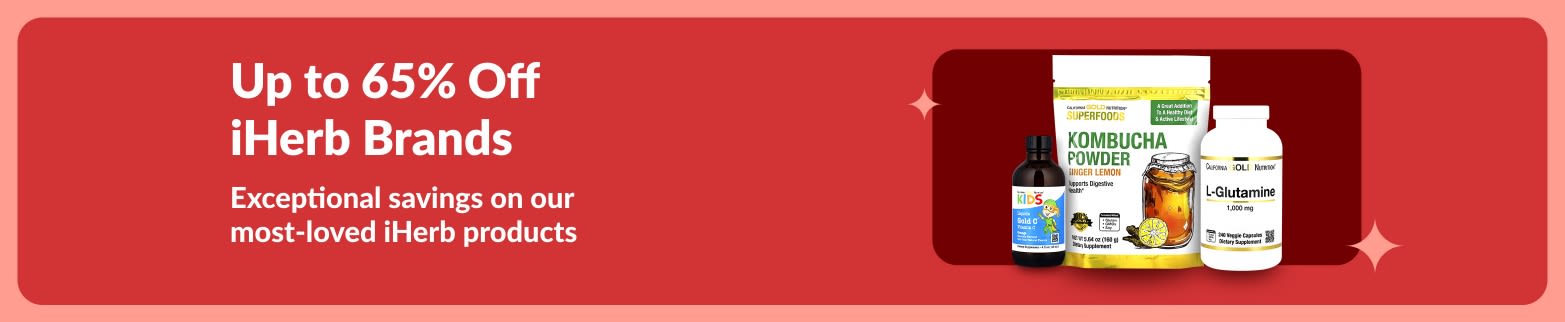 iHerb brands banner for up to 65% off premium wellness products, with kombucha powder, L-glutamine and vitamin supplements.