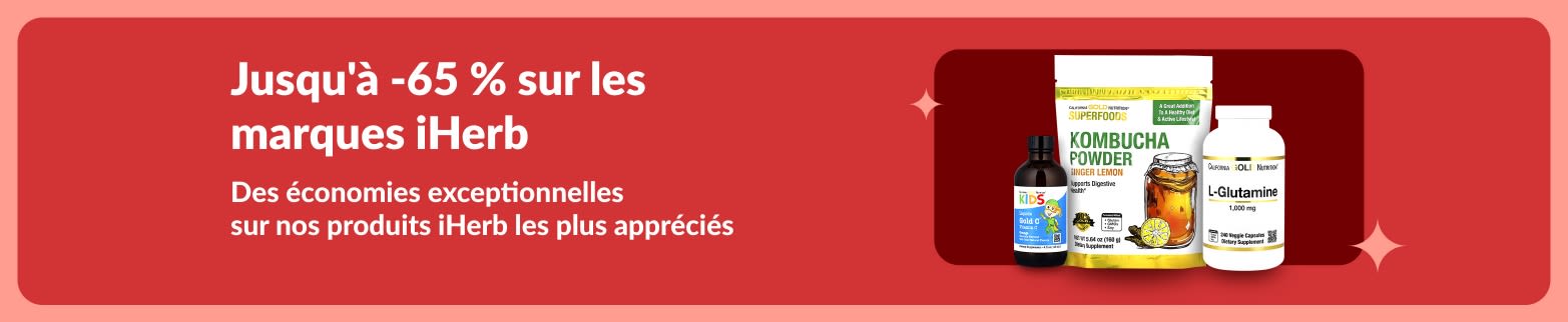 Bannière des offres spéciales iHerb Jusqu'à 65 % de réduction sur des produits de bien-être premium, notamment de la poudre de kombucha, de la L-glutamine et des compléments vitaminiques.