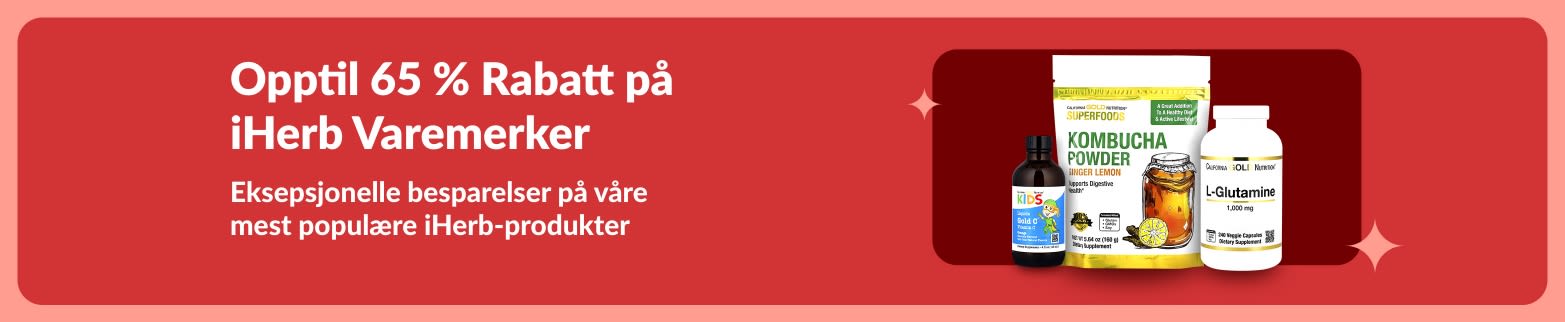 iHerb-tilbudsbanner som tilbyr opptil 65 % rabatt på førsteklasses velværeprodukter, med kombuchapulver, L-glutamin og vitamintilskudd.
