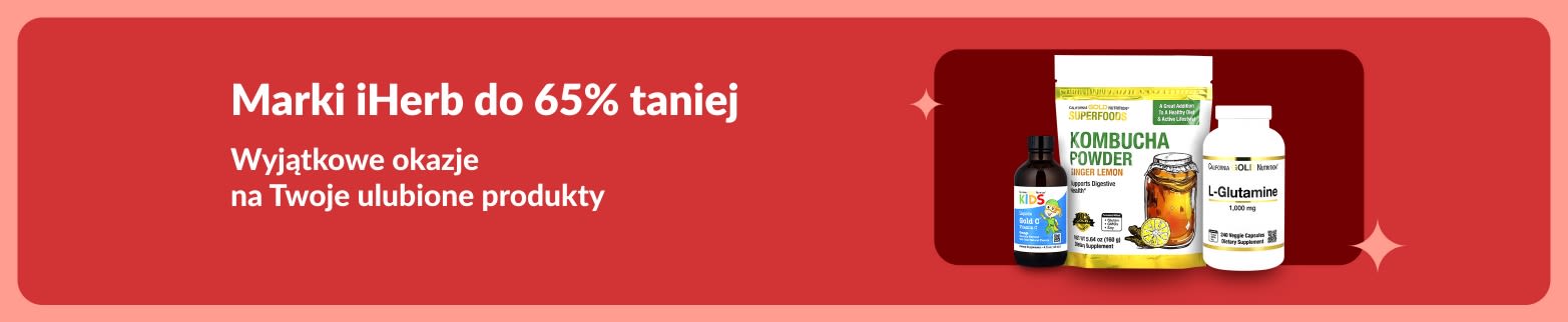 Baner okazje iHerb: Do 65% taniej na produkty dla zdrowia premium! Witaminy, L-glutamina i kombucha w super cenach.