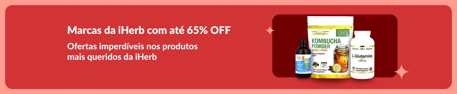 Banner de ofertas das Marcas da iHerb com até 65% OFF em produtos premium de bem-estar, com destaque para kombucha em pó, L-glutamina e suplementos vitamínicos.