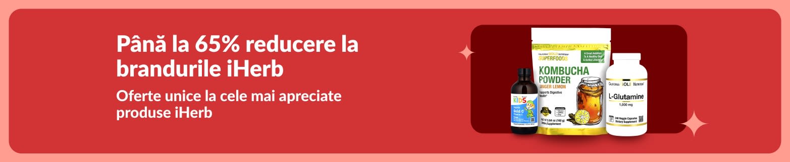 Banner iHerb cu până la 65% reducere la produse speciale premium, inclusiv pudră de kombucha, L-glutamină și vitamine.