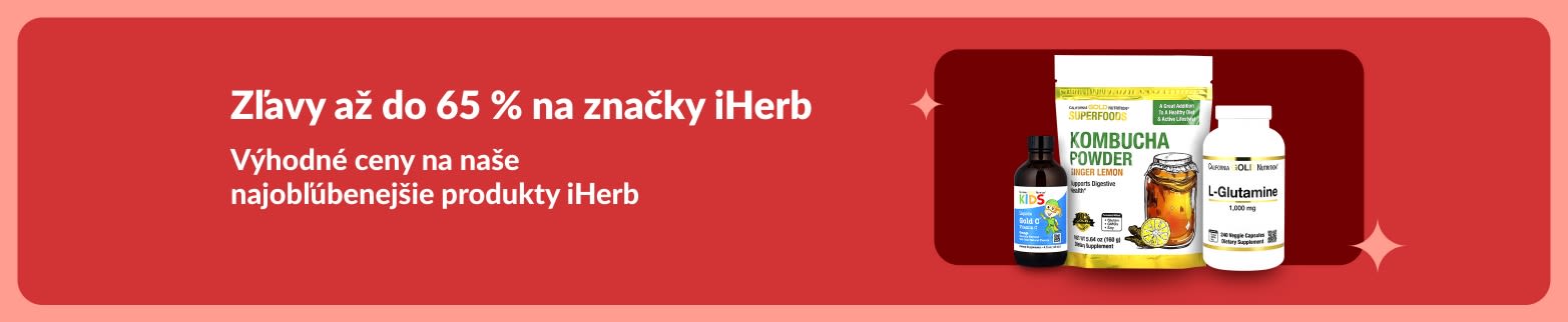 Banner iHerb so špeciálnymi ponukami až do −65 % na prémiové wellness produkty, vrátane práškovej kombuchy, L-glutamínu a vitamínových doplnkov.
