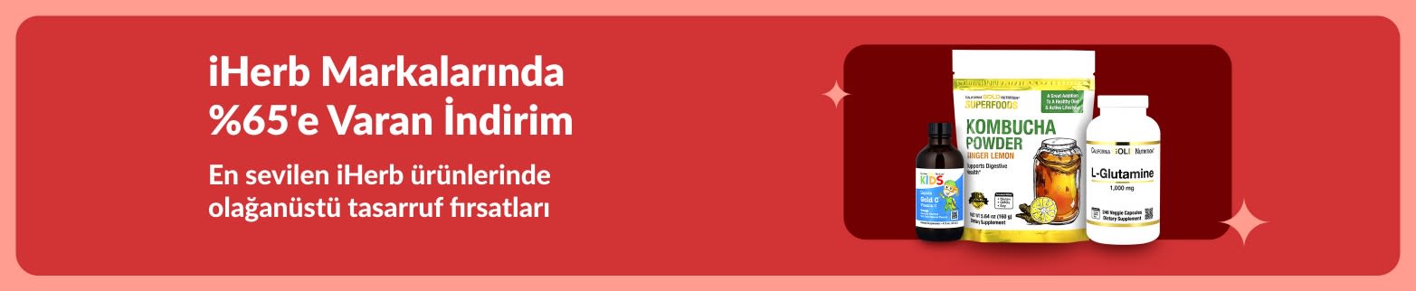 Kombuça tozu, L-glutamin ve vitamin takviyelerinin yer aldığı; premium iyi yaşam ürünlerinde %65’e varan indirim sunan iHerb özel kampanyalar banner’ı