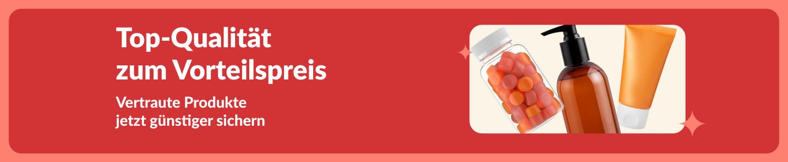 Werbebanner, das Produkte für Gesundheit und Wohlbefinden zu Sonderpreisen zeigt, mit Nahrungsergänzungsmitteln und Beauty-Artikeln.