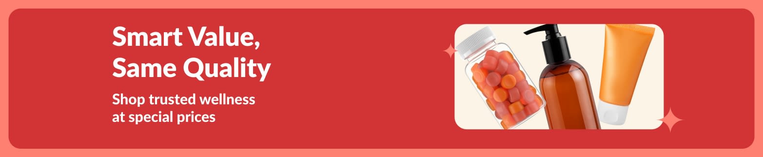 Promotional banner highlighting smart value wellness products at special prices, showing supplements and beauty care items.